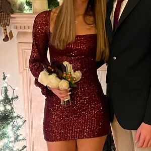 Windsor Burgundy Sequin One-Shoulder Mini Dress